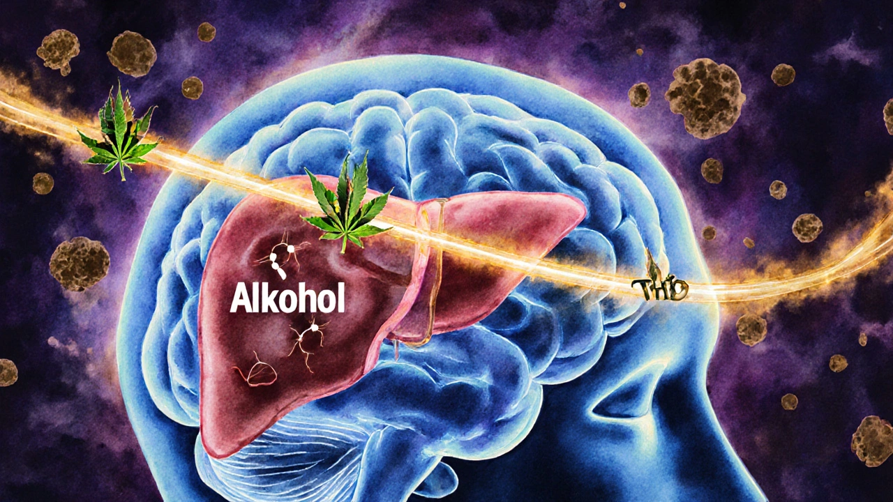 Abstrakte Darstellung der chemischen Wechselwirkung zwischen THC und Alkohol im Körper.