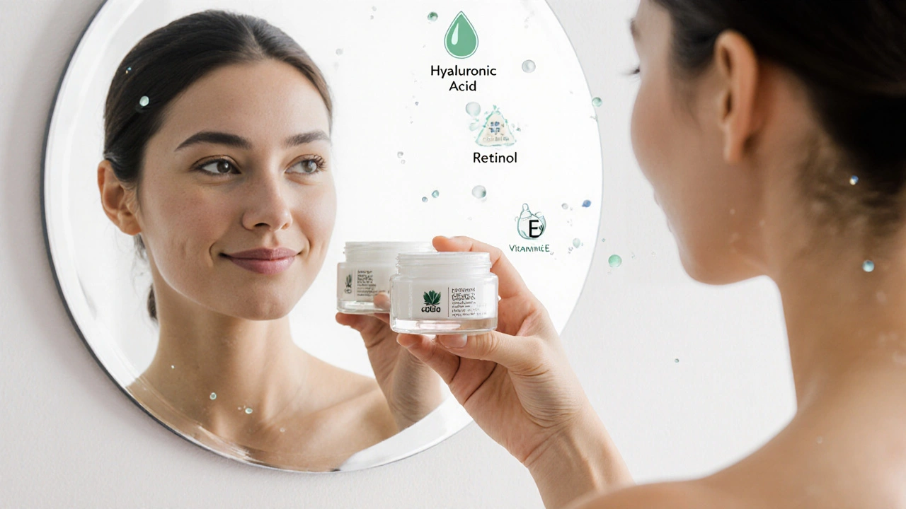 CBD-Creme-Glas neben einem Spiegel, der eine ruhigere, strahlendere Haut zeigt.