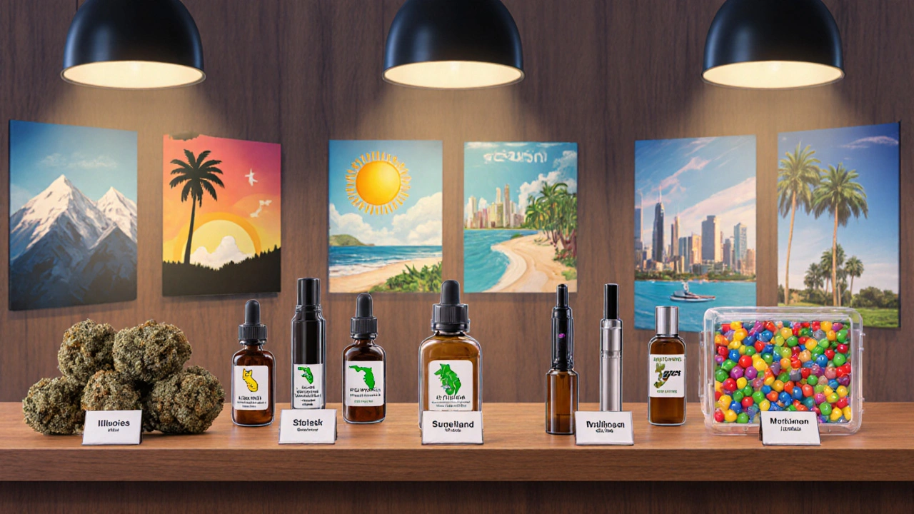 CBD‑Produktdisplay mit Blüten, Vape‑Pens, Ölen und Gummies, inspiriert von fünf Bundesstaaten.
