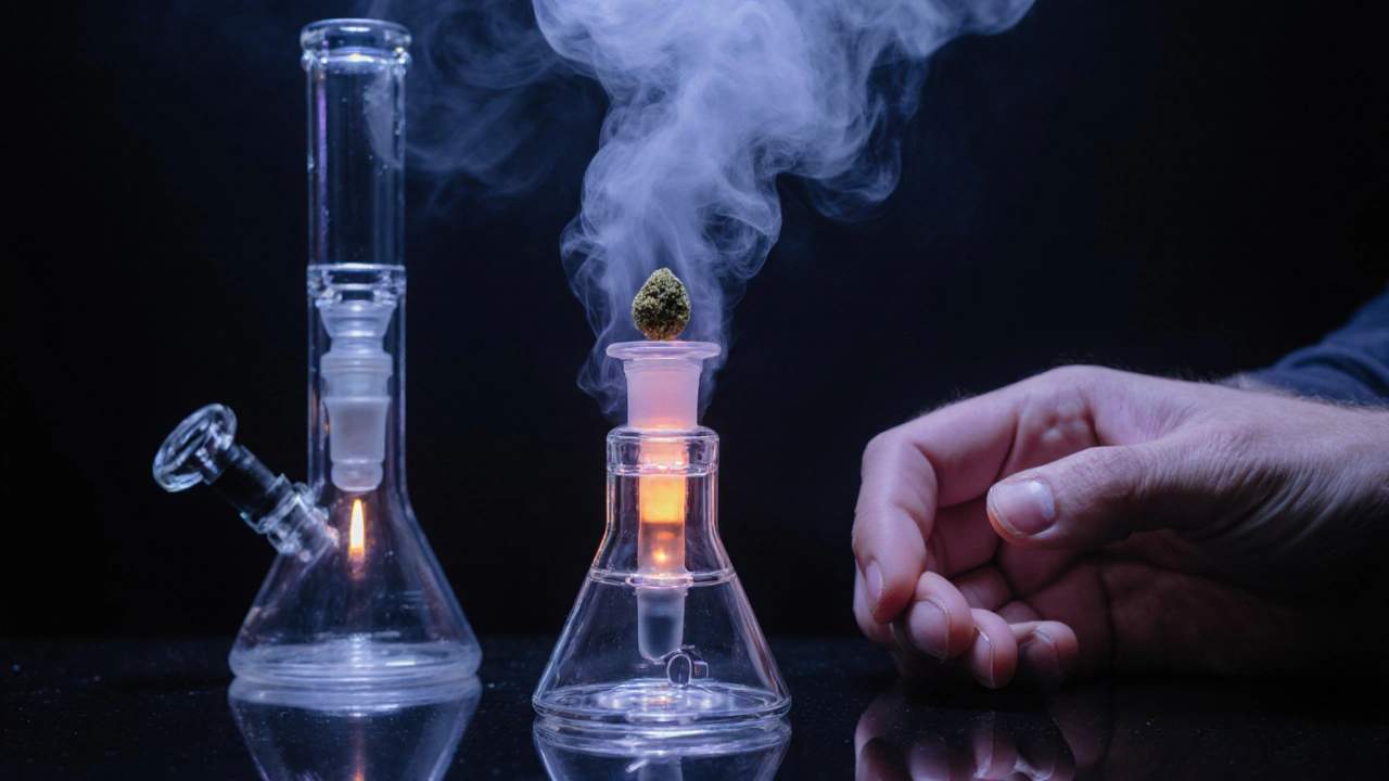 Dab‑Rig mit aufsteigendem Dampf neben einer brennenden Bong, dramatisches Licht.