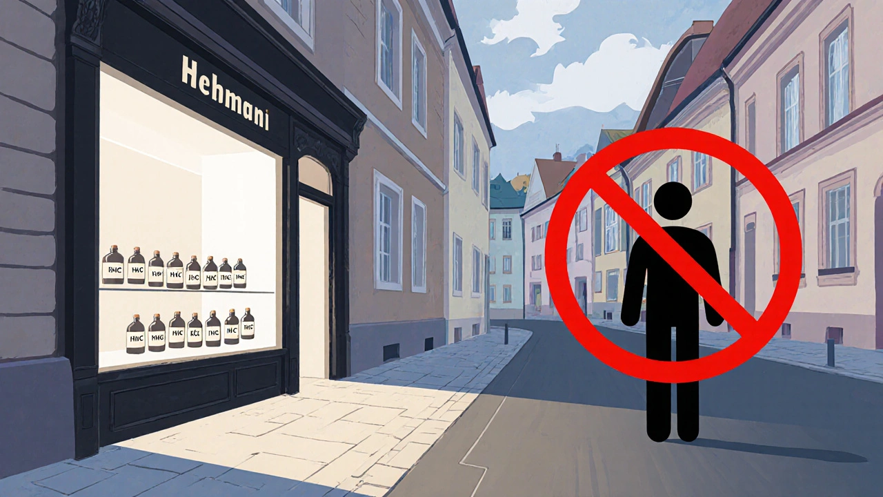 Deutscher Laden mit HHC‑Produkten, daneben durchgestrichenes Symbol für illegales Delta‑8.