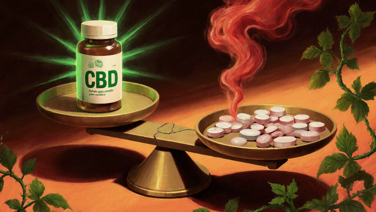 Eine Waage mit CBD-Pille auf einer Seite und herkömmlichen Entzündungsmitteln auf der anderen, symbolisch für eine sanftere Therapie.