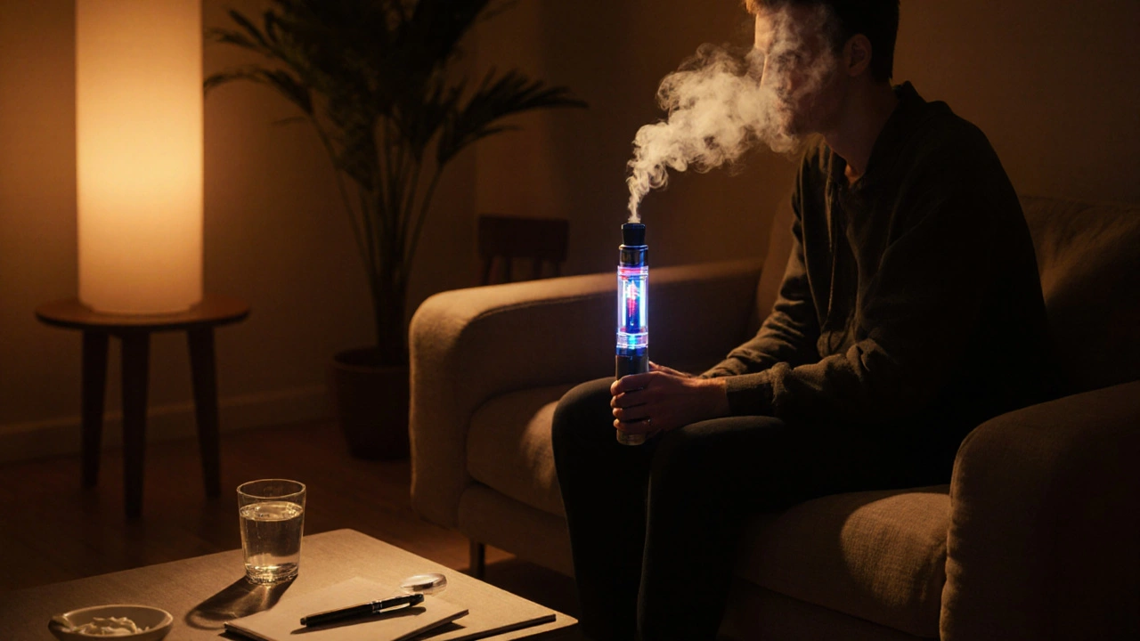 Entspannte Person mit Vape, Wasser, Joghurt in ruhigem Raum.