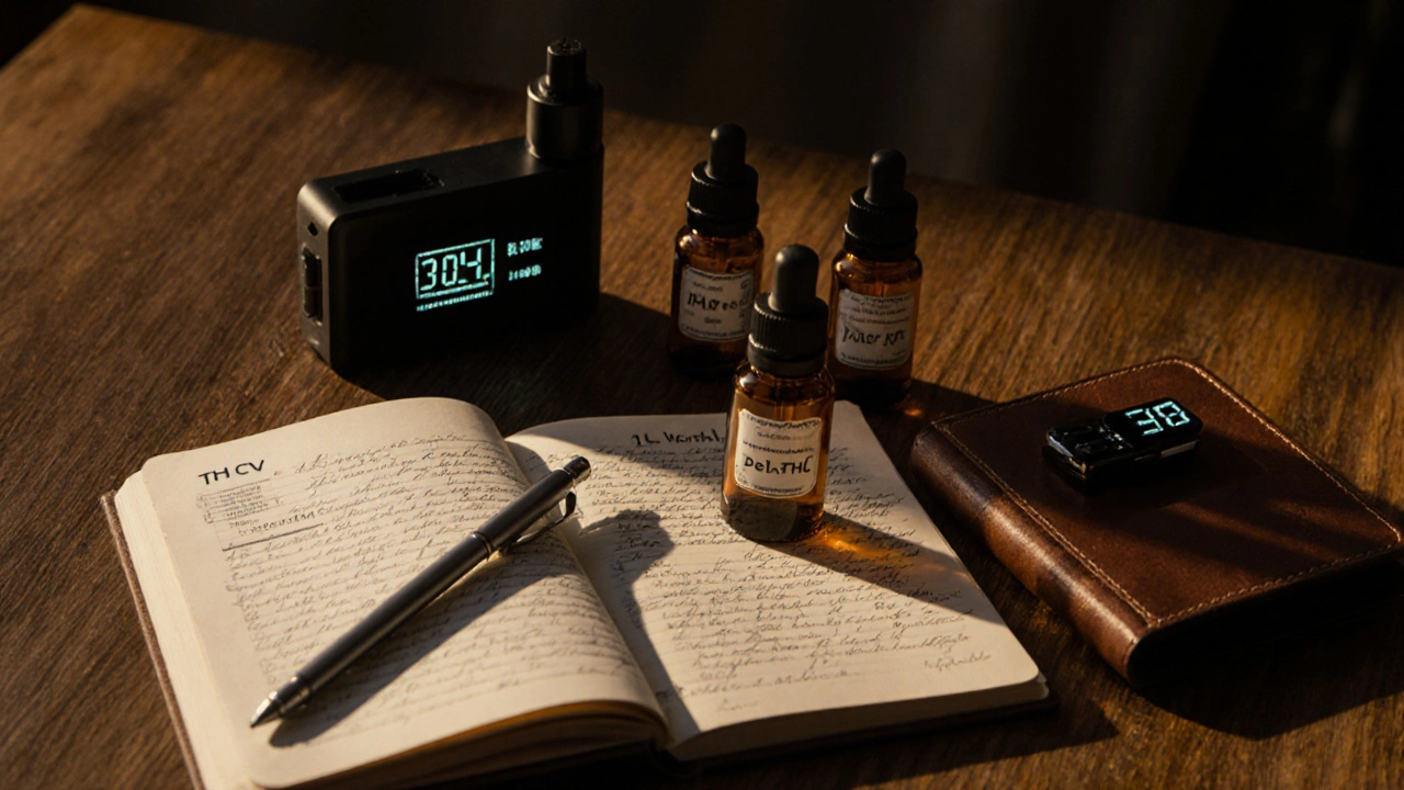 Flat‑Lay mit Vape, Fläschchen für THCV und Delta‑8‑THC, offenes Journal und Timer.