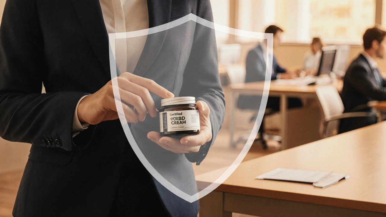 Geschäftsperson hält zertifizierte CBD‑Creme, Schutzschild im Büro.