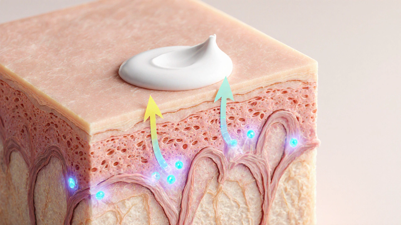 Illustration einer Hautschicht, in die CBG‑Creme eindringt und leuchtende Rezeptoren aktiviert.