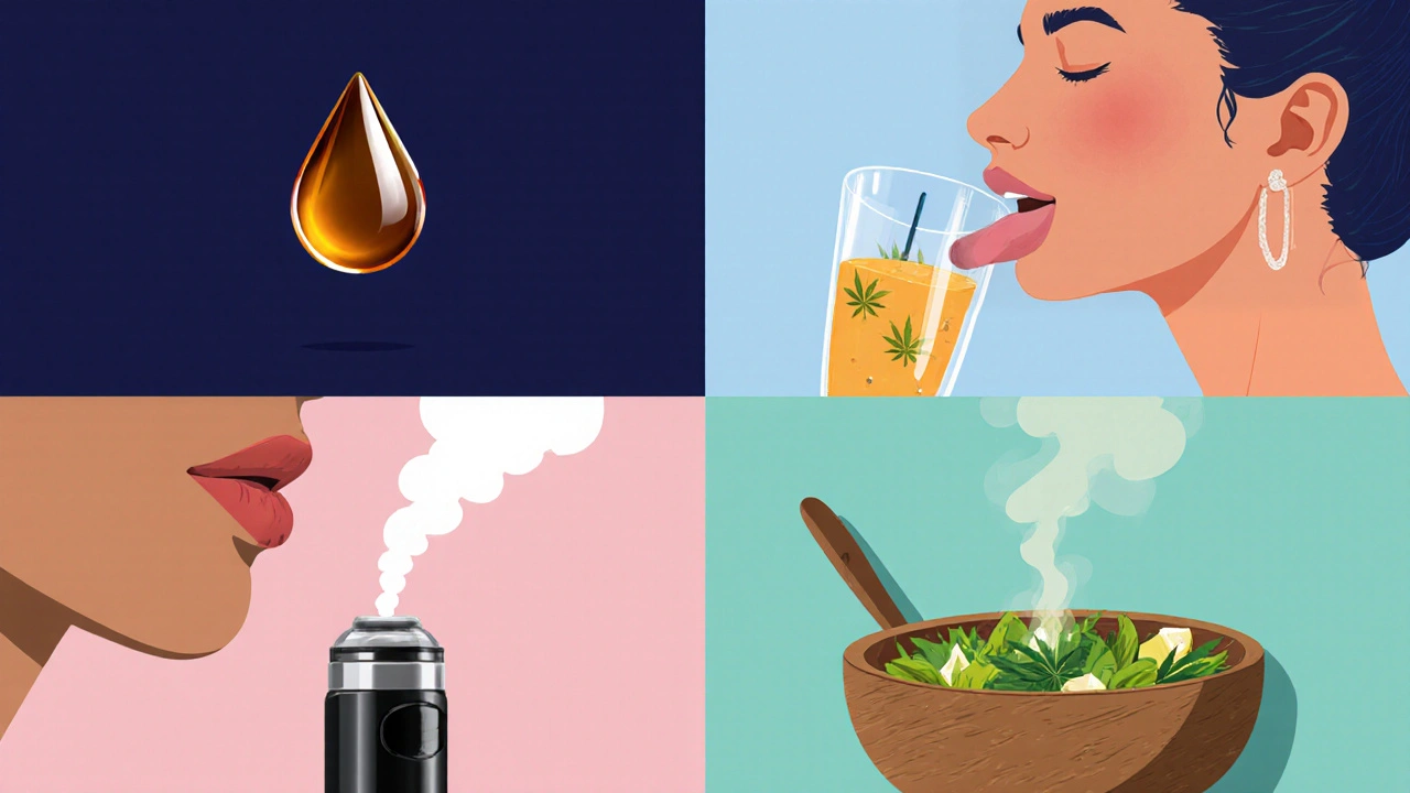 Illustration von vier Hanf‑Konsumformen: Öl, Kapsel, Vape, Öl im Salat.
