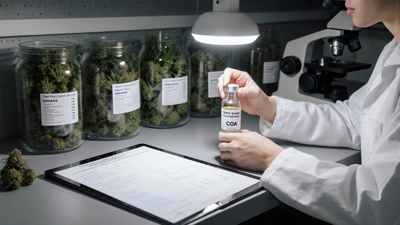 Laborforscher prüft THCV‑Extrakt neben Cannabis‑Blüten und Analysezertifikat.