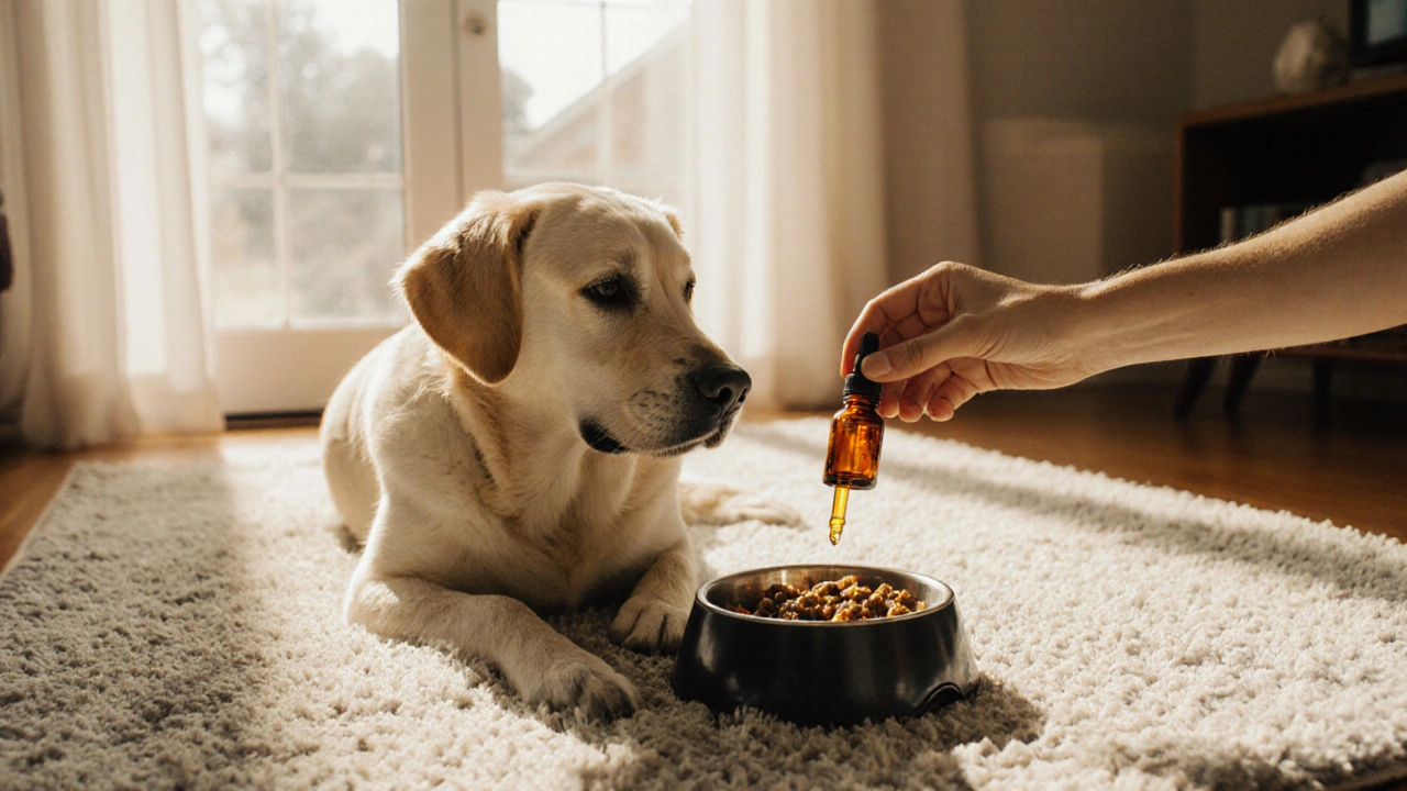 Labrador, dem CBD‑Öl ins Futter gegeben wird, in sonnigem Wohnzimmer.