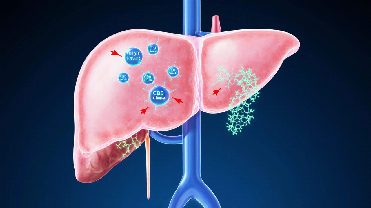 Medizinische Darstellung von Leber und Nieren, die CBD‑Moleküle und CYP450 zeigen.