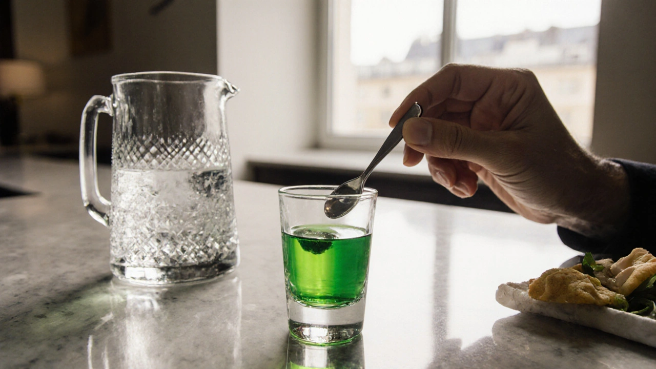 Moderne Szene: Absinthe‑Shot, Wasserkaraffe und Zucker, betont verantwortungsvollen Genuss.