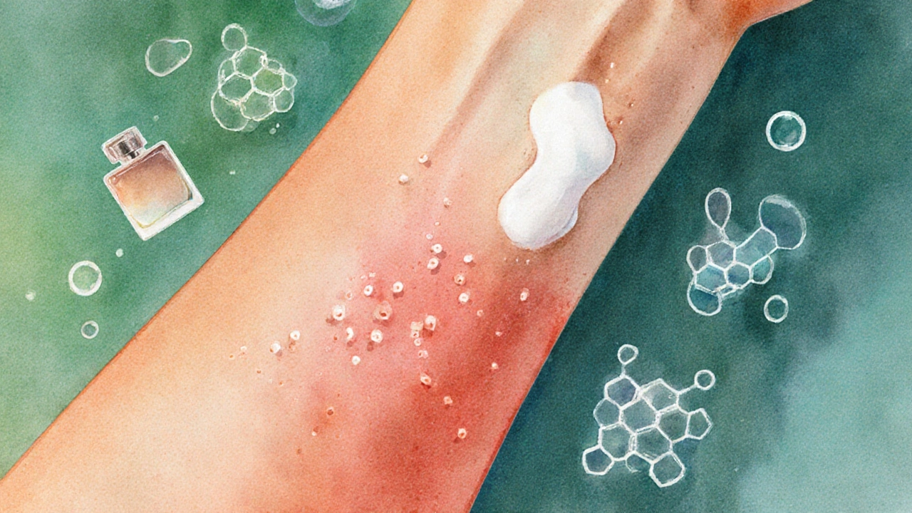 Nahaufnahme eines Unterarms mit roter Irritation nach Auftragen von CBD‑Creme, umrandet von Molekül‑Symbolen.