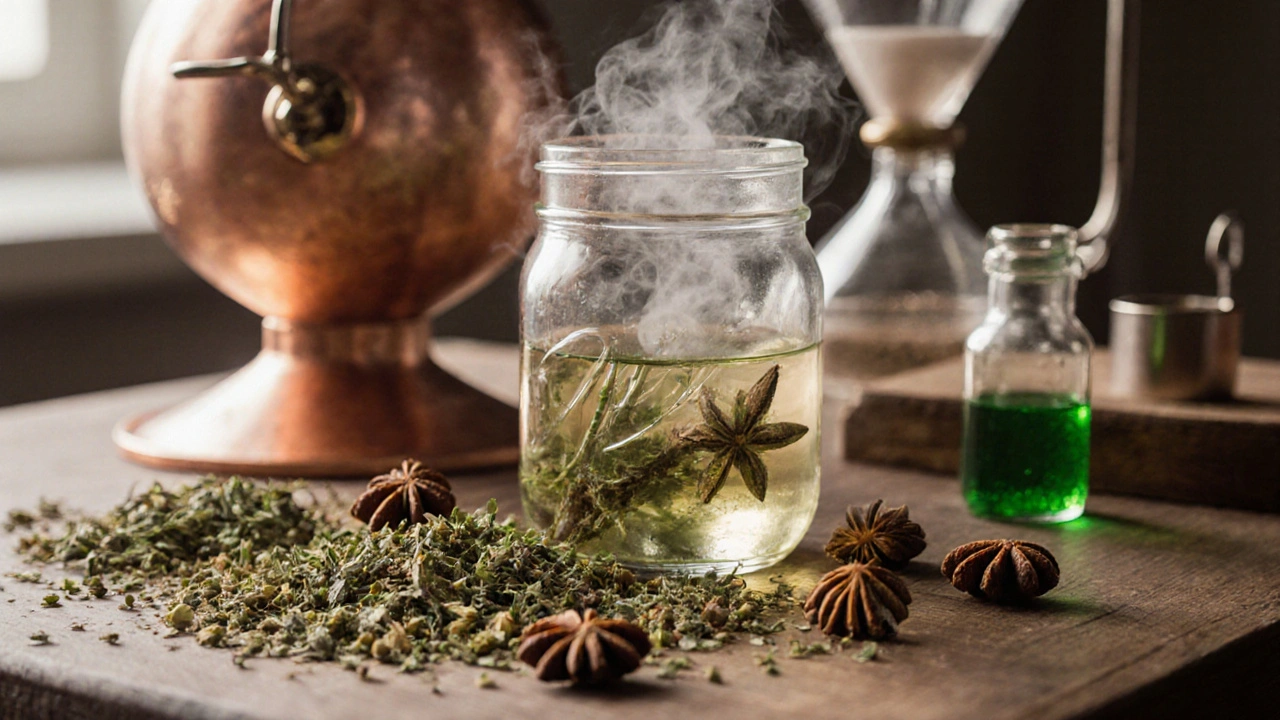 Nahaufnahme von Kräutern, Alkohol und Destille beim Absinthe‑Herstellungsprozess.