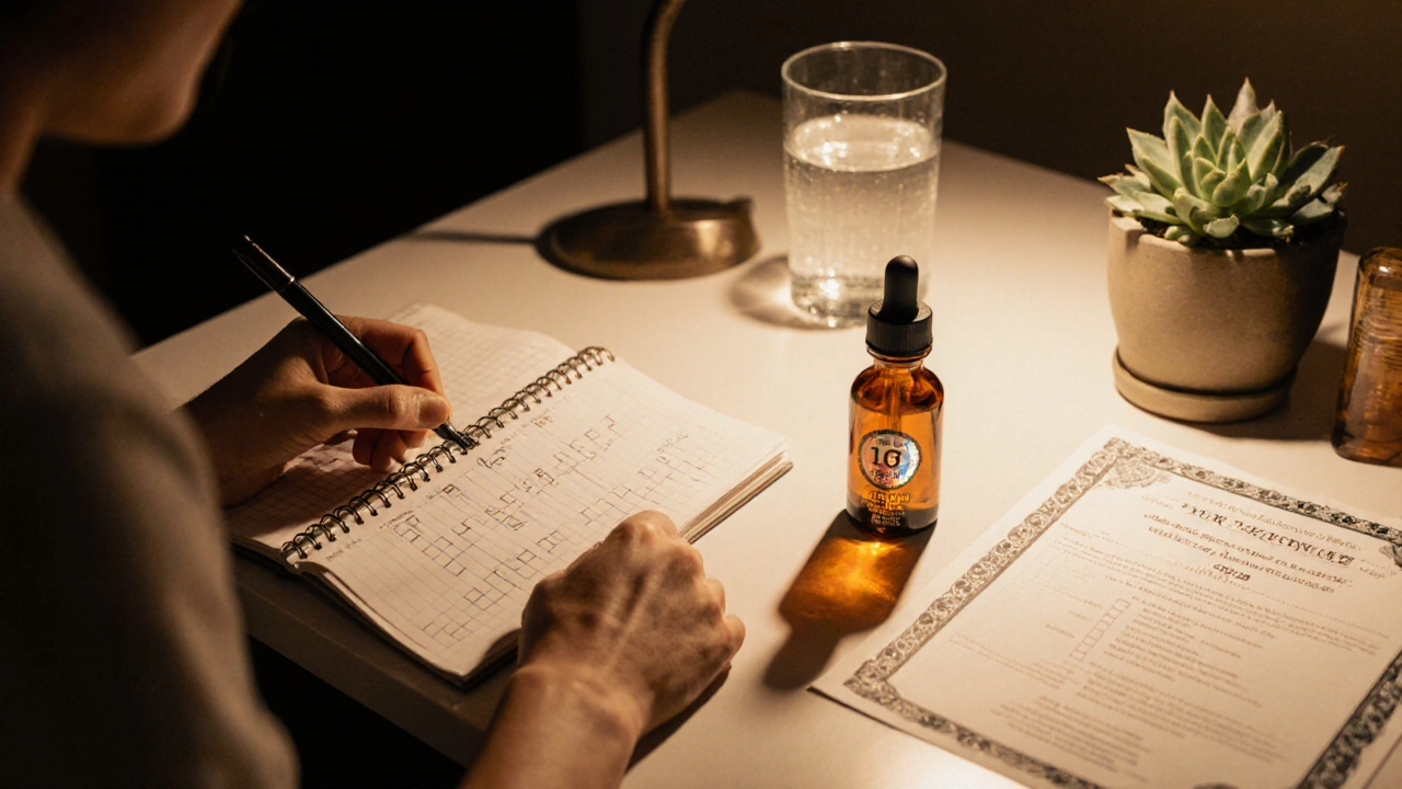 Person am Schreibtisch mit Checkliste, CBD‑Flasche und Laborzertifikat im warmen Licht.
