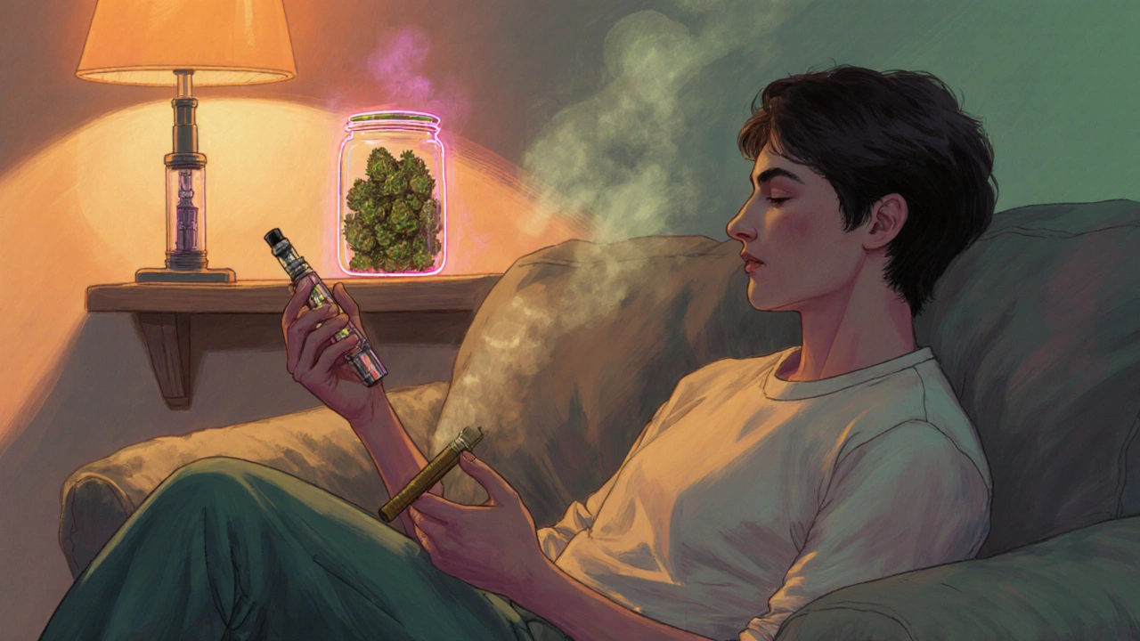 Person hält Dab‑Cartridge und Joint im gemütlichen Raum, wogt Entscheidung.
