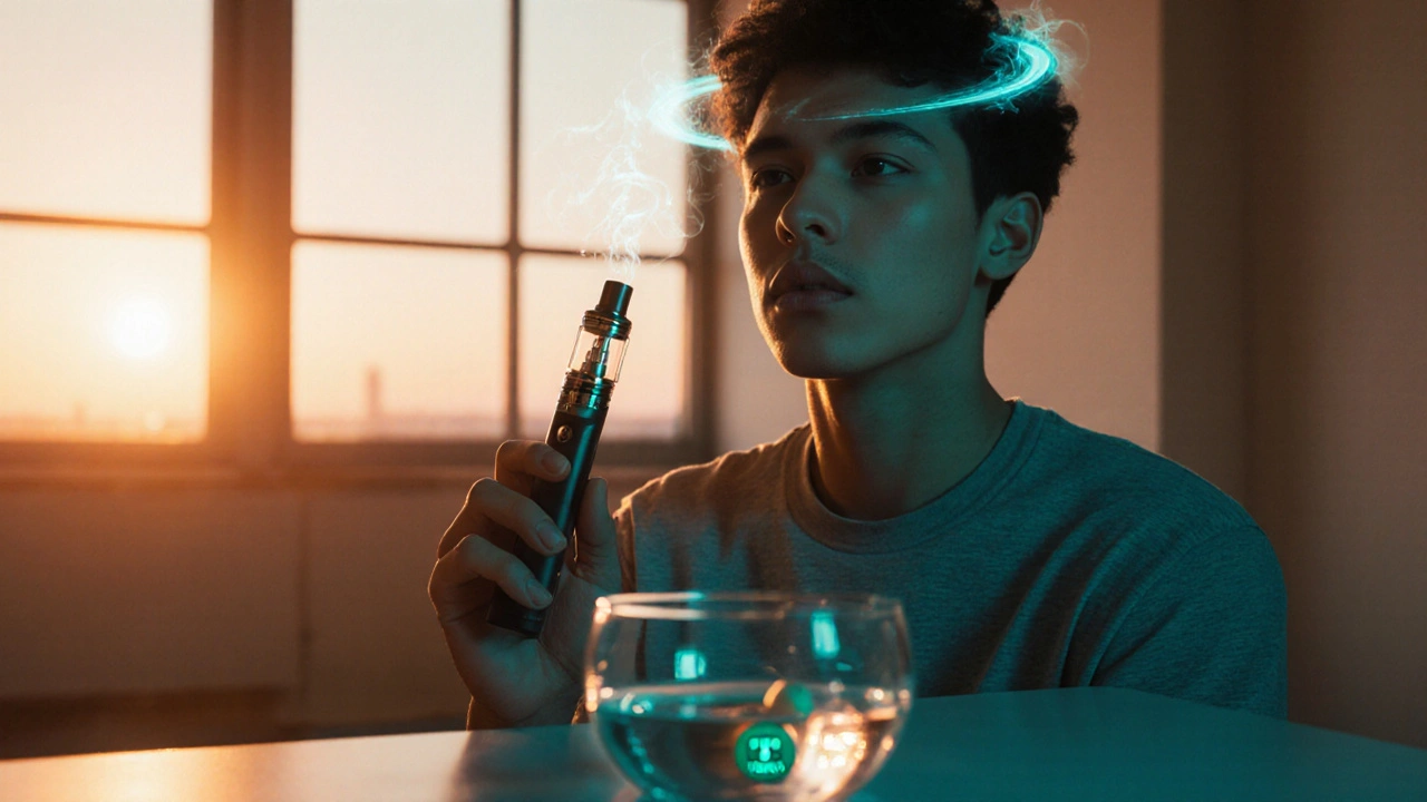 Person im Loft sitzt entspannt, hält Vape, umgeben von leichter Aura, Symbol für klares High.