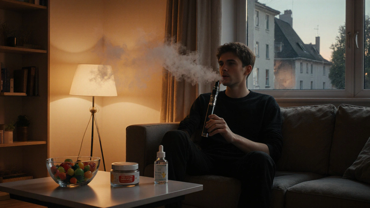 Person in Wohnzimmer nutzt Vape, hat Gummies und Creme, wirkt entspannt.
