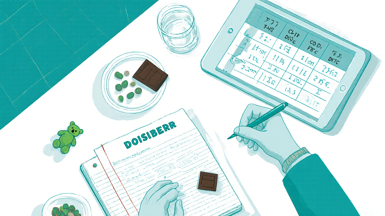 Person notiert Dosierung in Notizbuch, während Gummy und Schokolade sowie Tablet mit Dosistabelle auf dem Tresen zu sehen sind.