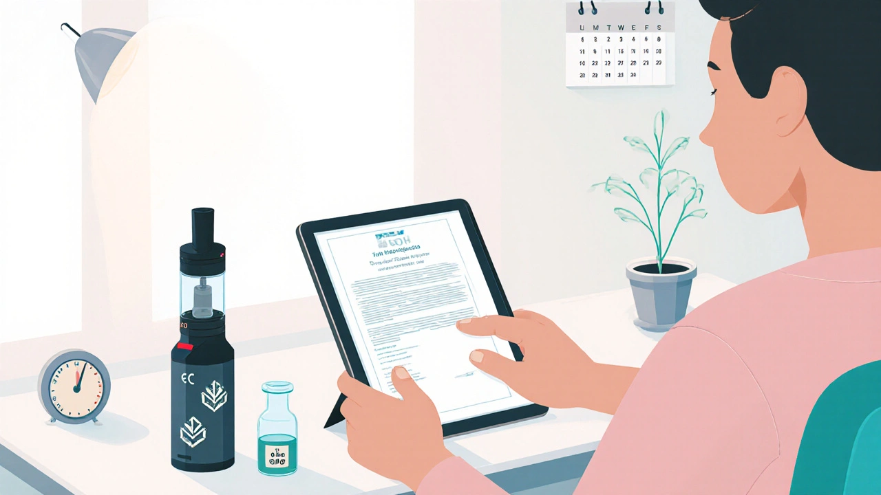 Person prüft Laborzertifikat, niedrige Vape‑Temperatur und kleine Dosis neben HHC‑Flasche.