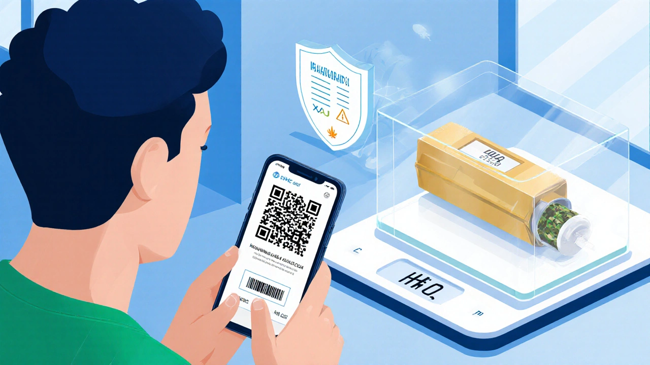 Person scannt QR‑Code, wiegt Cart und prüft Labor‑COA, Symbol für sichere Wahl.