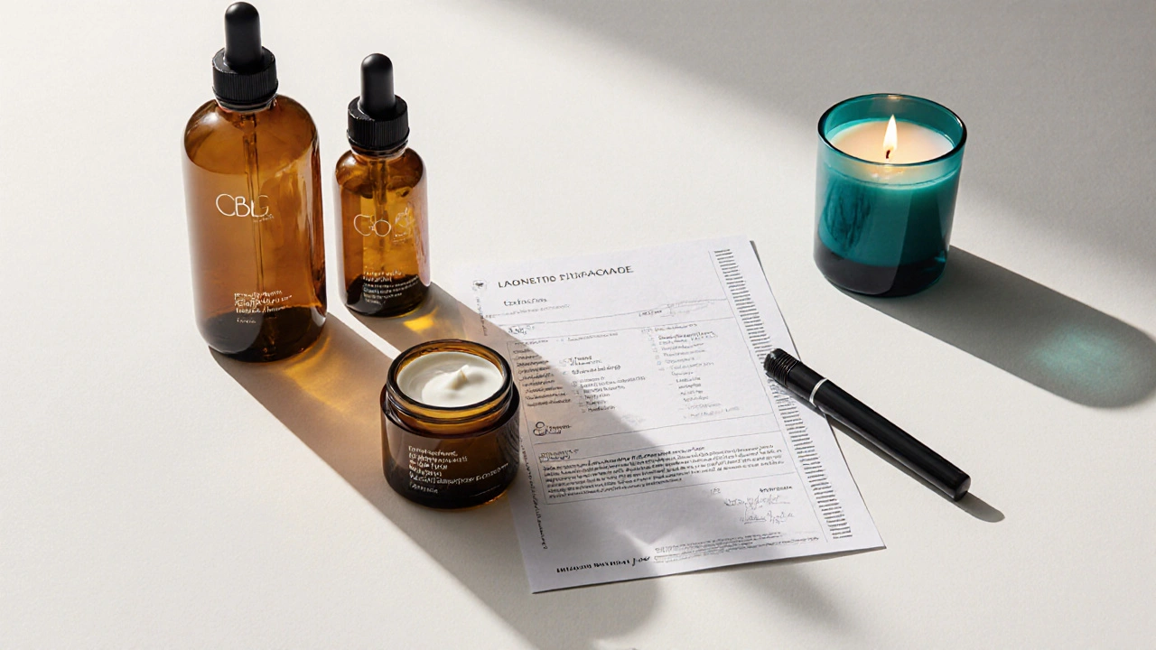 Stilvolles Arrangement von CBG‑Kosmetikflaschen, Laborzertifikat und Beleuchtung für sichere Anwendung.