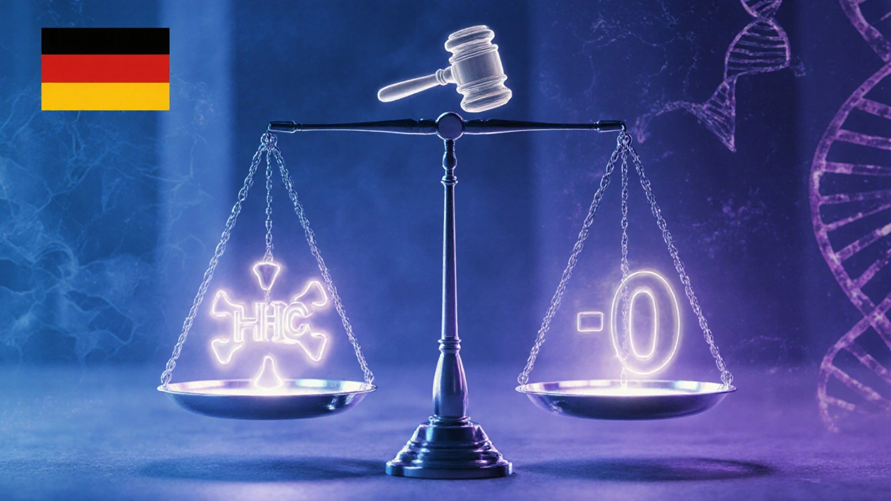 Symbolische Waage mit HHC und HHC0, darüber ein Hammer, verdeutlicht rechtliche Grauzone.