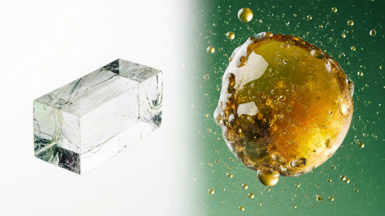 Vergleich von Shatter und Live Resin mit sichtbaren Terpenpartikeln in natürlicher Umgebung.