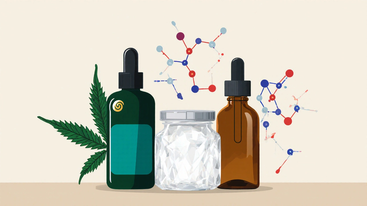 Vier unterschiedliche CBD‑Produktflaschen im Kreis, umrahmt von Hanfblättern und Molekülformen.