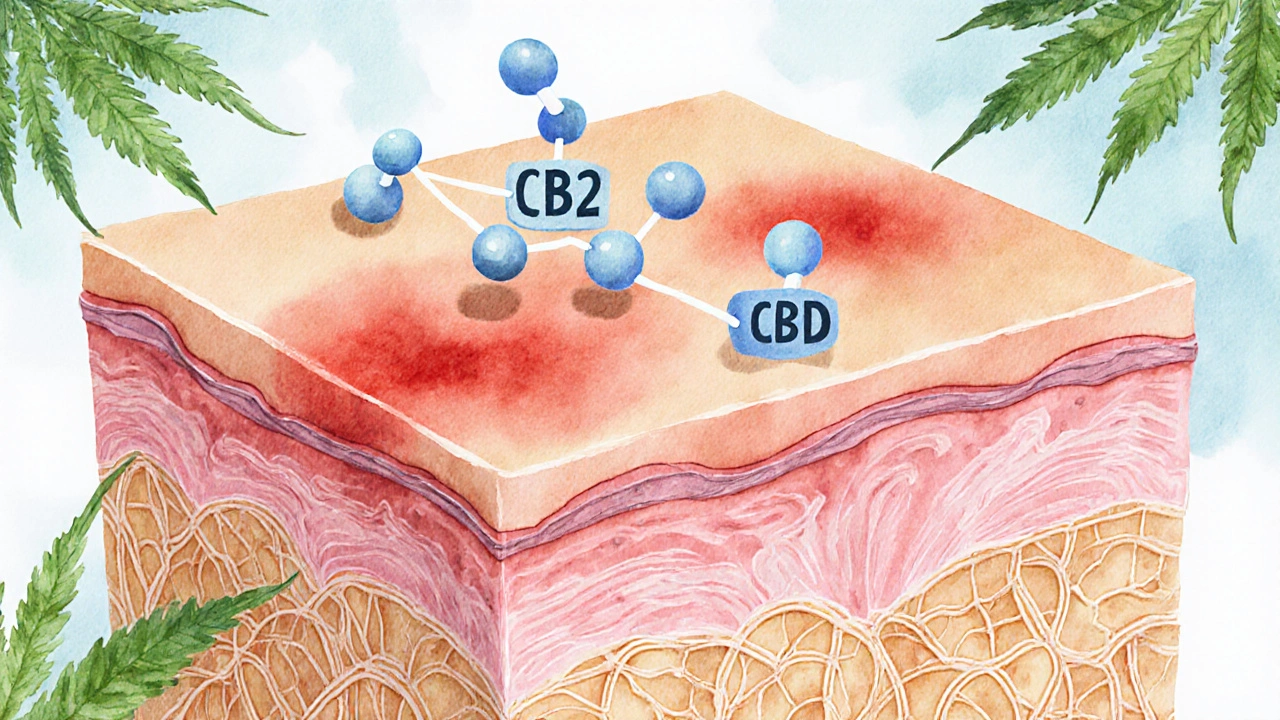 Wissenschaftliche Darstellung von CBD-Molekülen, die entzündete Hautschichten beruhigen.