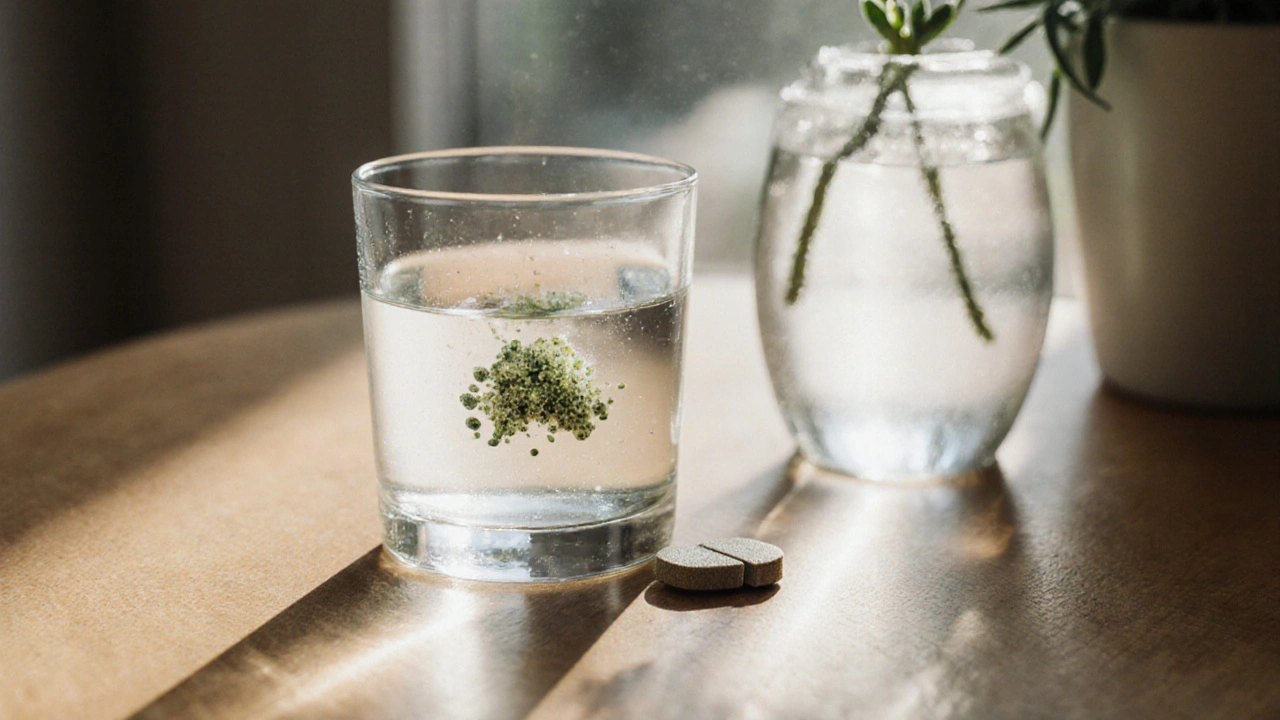 Zwei CBD-Tabletten auf Holz mit Glas Wasser und einer Pflanze, morgendliches Licht, Ruhe und Stabilität ausstrahlend.