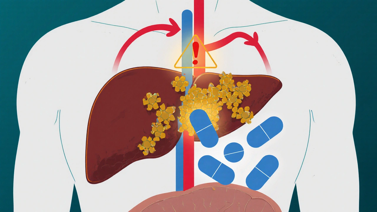 Anatomische Darstellung von CBD und Blutdruckmedikamenten, die im Leberenzym CYP3A4 interagieren.