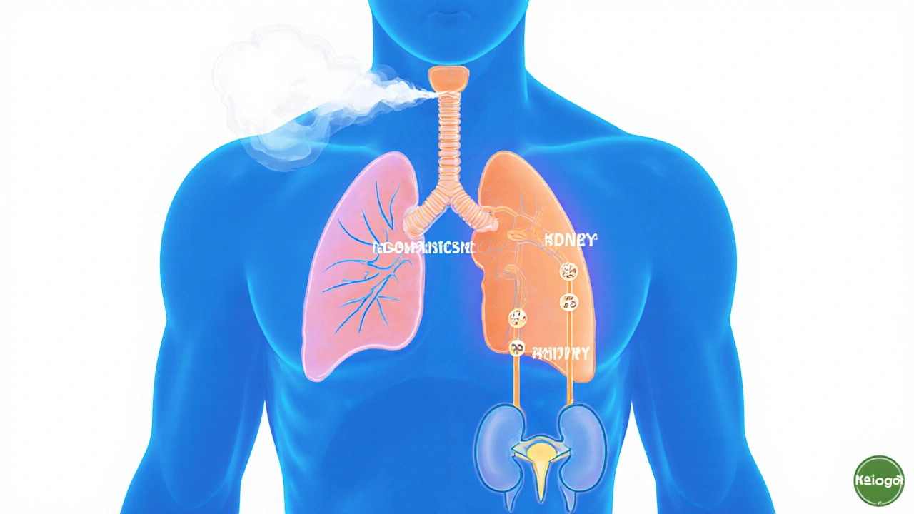 Animierte Darstellung des CBD-Stoffwechsels von der Lunge über die Leber zur Niere.