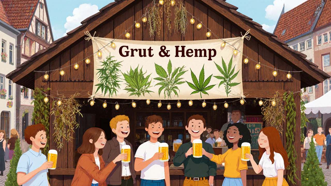 Besucher auf einem Bierfestival probieren hopfenfreies Bier bei einem Stand mit trockenen Kräutern.