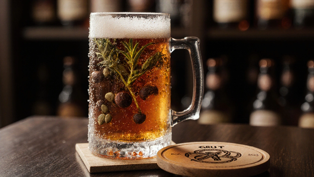 Bier im Glas mit sichtbaren Hanfsamen und Wacholderbeeren, Kondenswasser an der Glaswand.