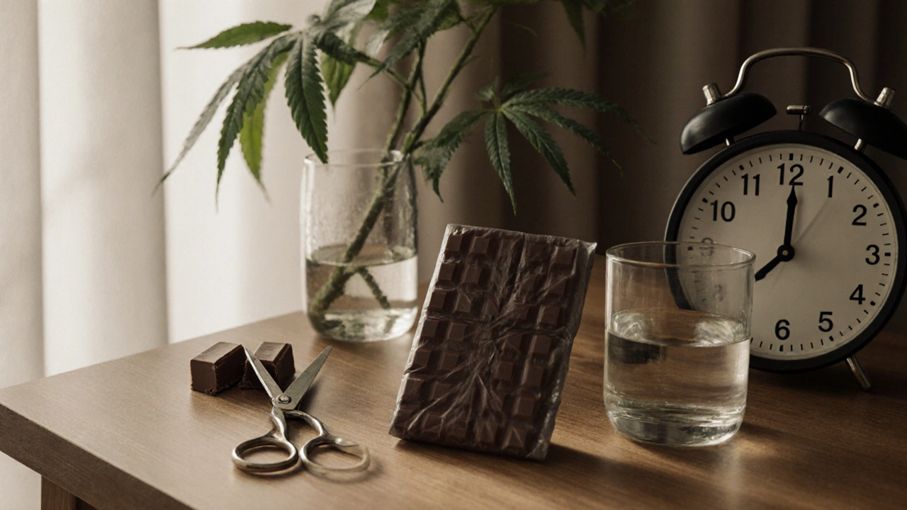 Cannabis-Schokolade wird in kleine Stücke geschnitten, neben Wasser und Uhr auf Holztisch.