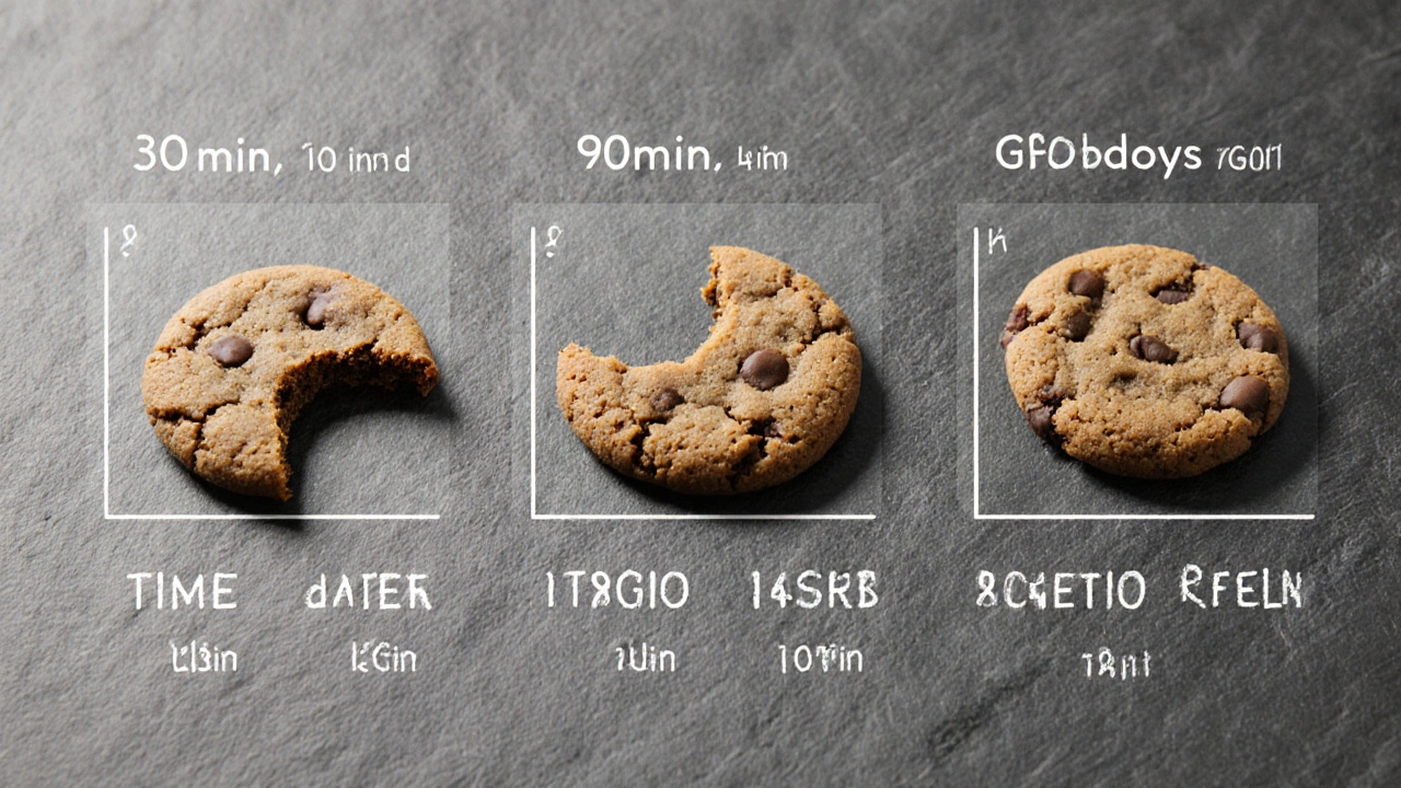 Drei CBD-Cookies in verschiedenen Dosierungsstufen auf einem grauen Stein, symbolisch für dosierende Erfahrung.