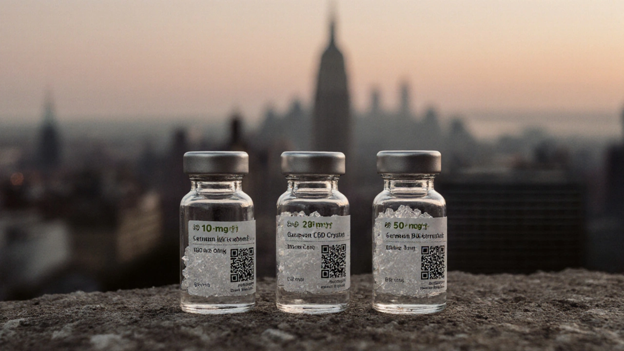 Drei CBD-Kristall-Gläser mit Dosierungen und bio-zertifiziertem Label.