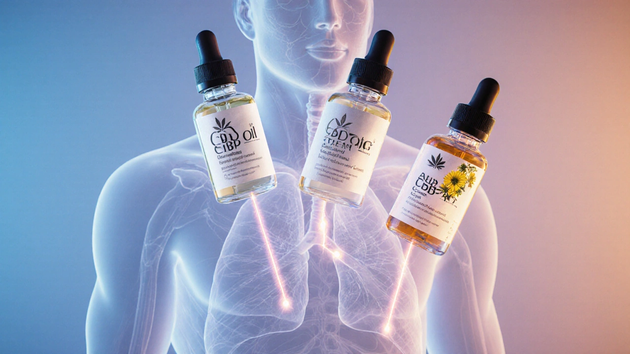 Drei CBD-Produkte schweben über einer Körpersilhouette, mit Lichtwegen zu entzündeten Bereichen.