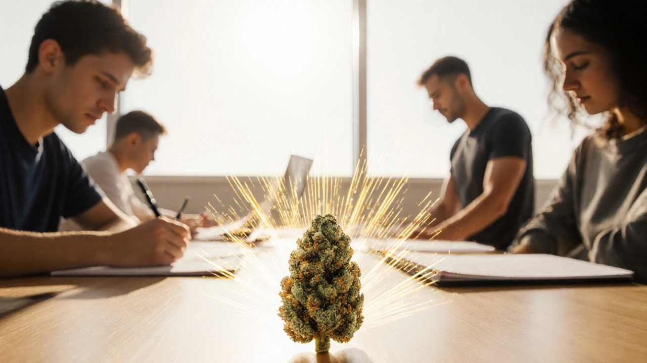 Drei Menschen in unterschiedlichen Aktivitäten, von klarer Energie umgeben, ohne Drogen oder Geräte, in sonnigem Raum.
