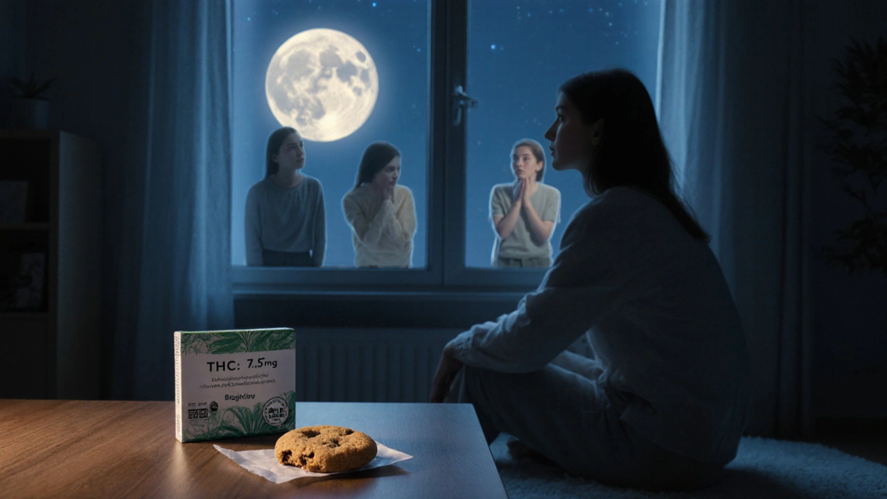 Ein CBD-Cookie auf einem Tisch neben einer verpackten Packung mit THC-Gehalt, eine Frau blickt aus dem Fenster, ihr Spiegelbild zeigt verschiedene emotionale Zustände.