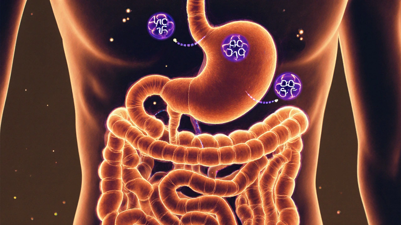 Ein künstlerisch dargestellter menschlicher Körper mit leuchtenden THC-Molekülen, die von Magen zur Leber und zum Gehirn fließen.