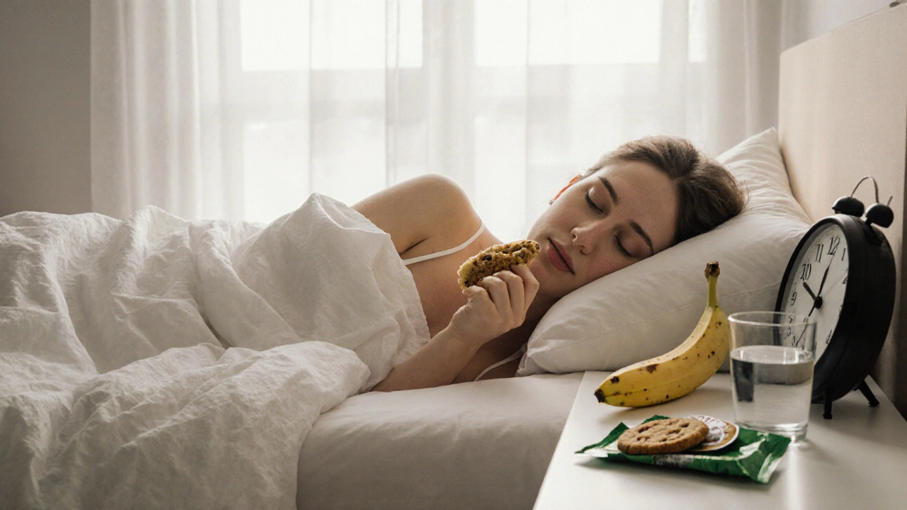 Ein ruhiges Morgenbild mit einer Person im Bett, einer Banane und einem Wasserglas auf dem Nachttisch.