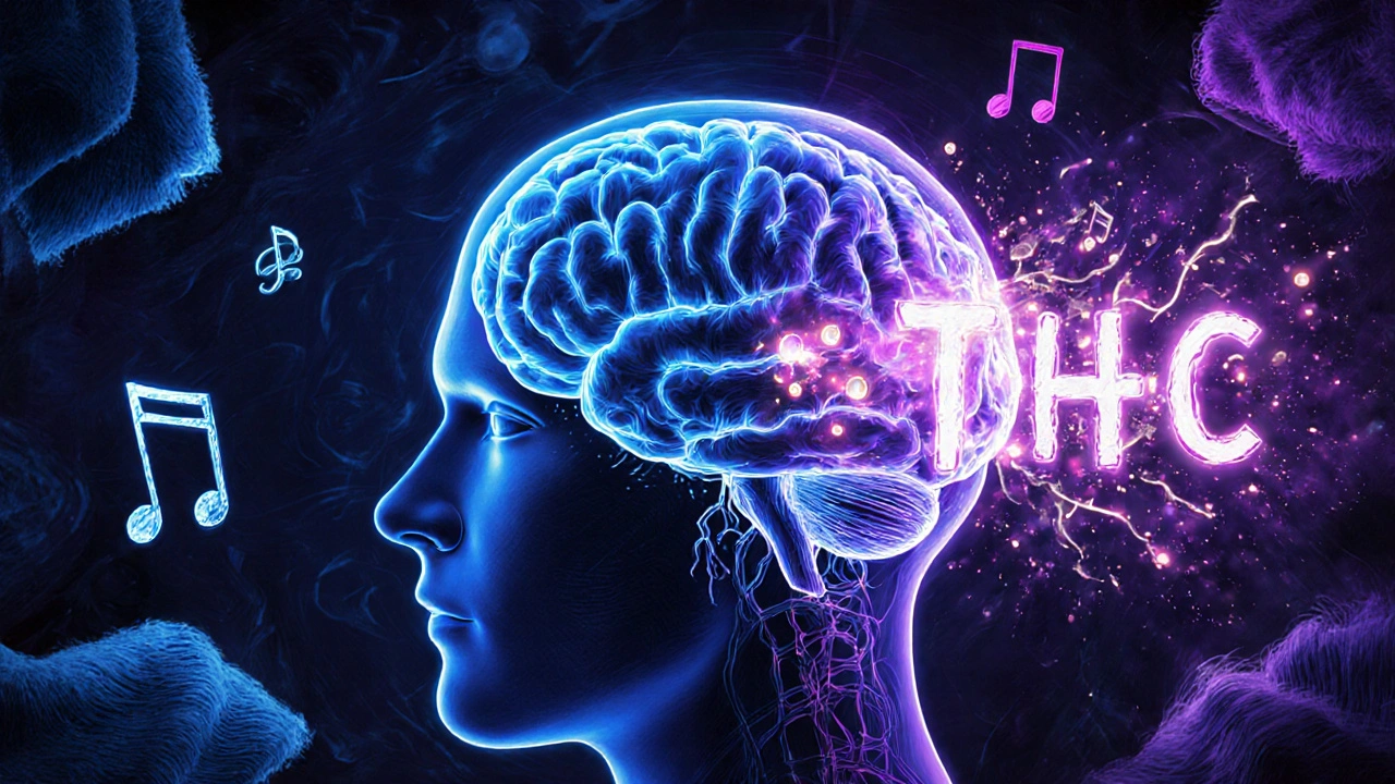 Ein schematischer Gehirn-Aufbau mit normalen THC-Molekülen, die in stärkere 11-Hydroxy-THC-Moleküle umgewandelt werden und die Blut-Hirn-Schranke durchbrechen.