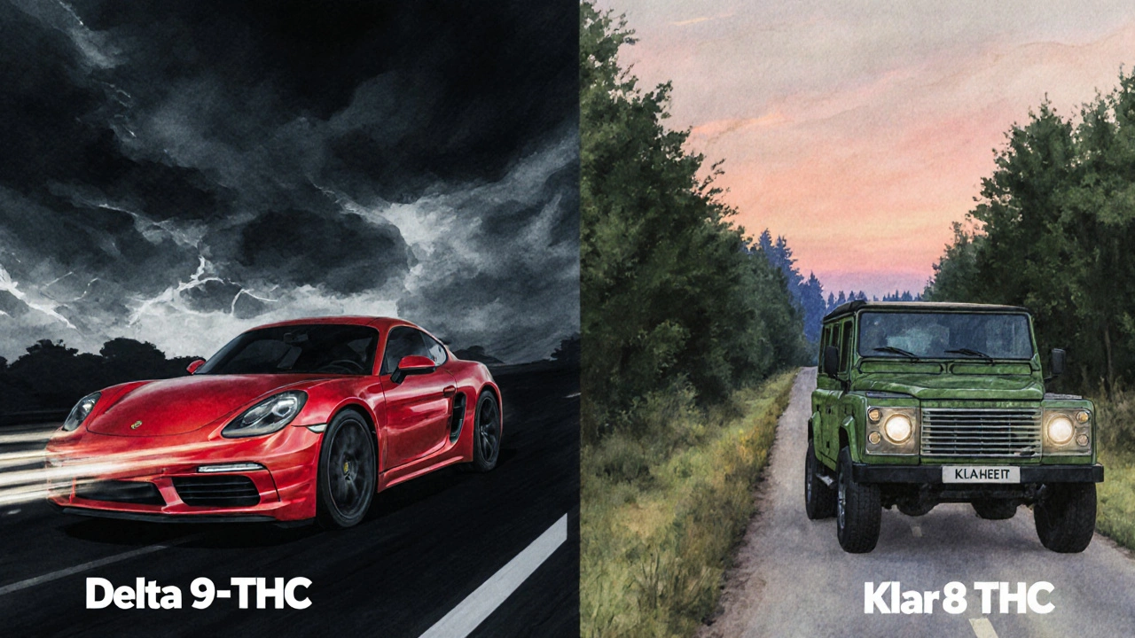 Ein sportliches Auto und ein SUV fahren auf getrennten Wegen, symbolisieren Delta-9 und Delta-8.