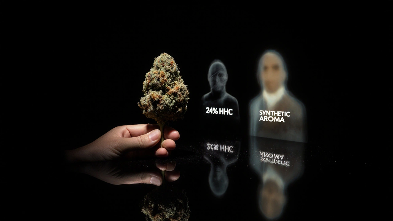 Eine HHC-Blüte in Lichtkegel, im Reflex erscheint nur das echte Zertifikat scharf – alle anderen sind verschwommen.