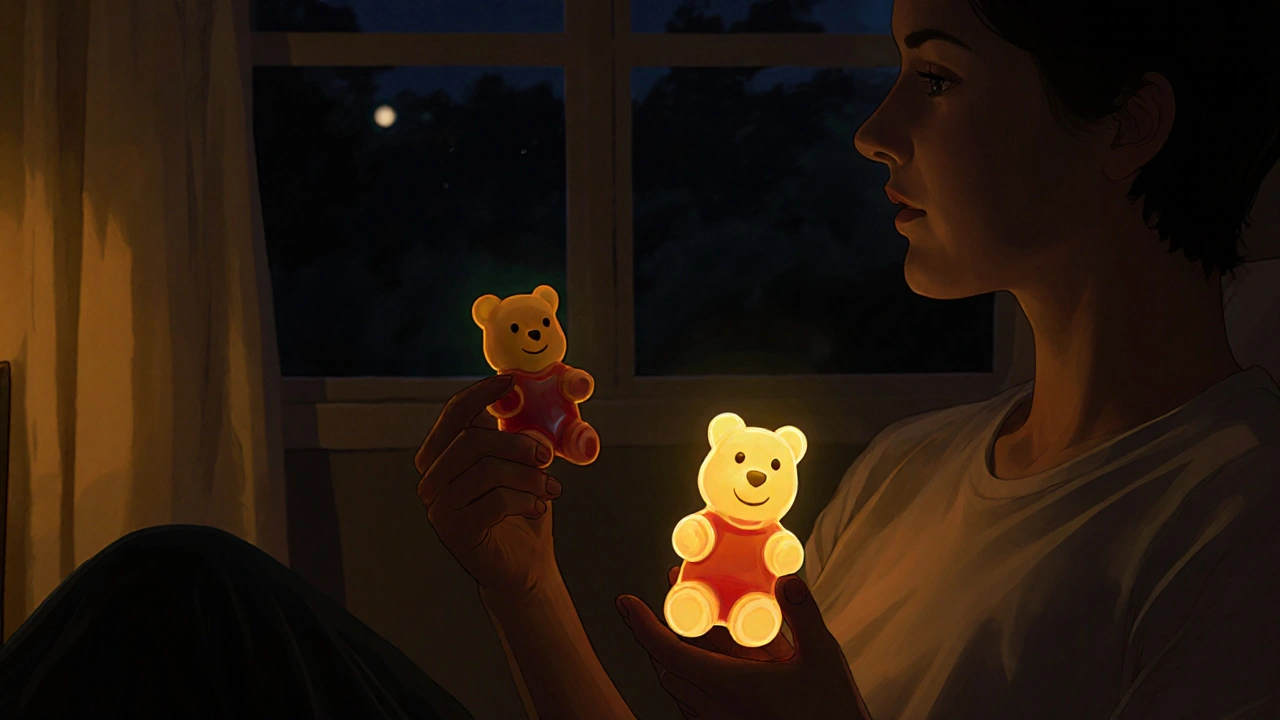 Eine Person in einem dunklen Zimmer hält ein CBD-Gummibärchen und blickt aus dem Fenster.