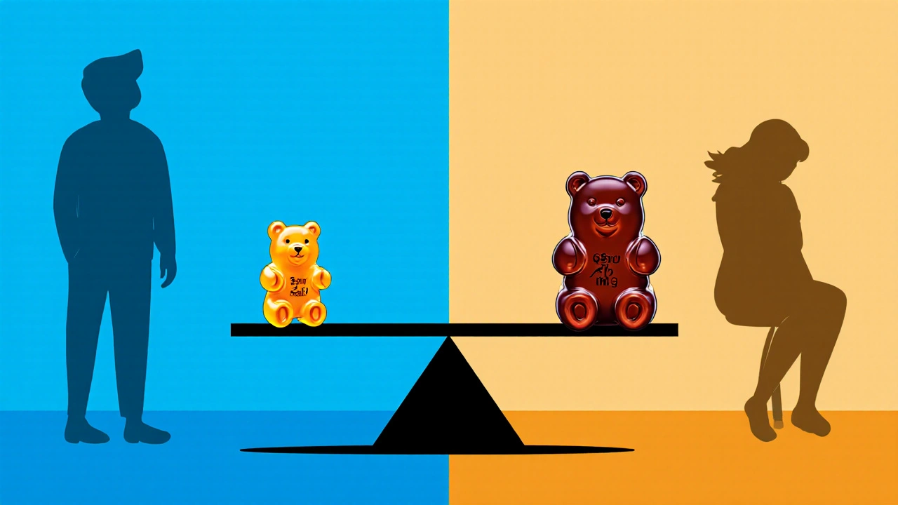 Eine Waage vergleicht ein kleines und ein großes CBD-Gummibärchen mit abstrakten Silhouetten.