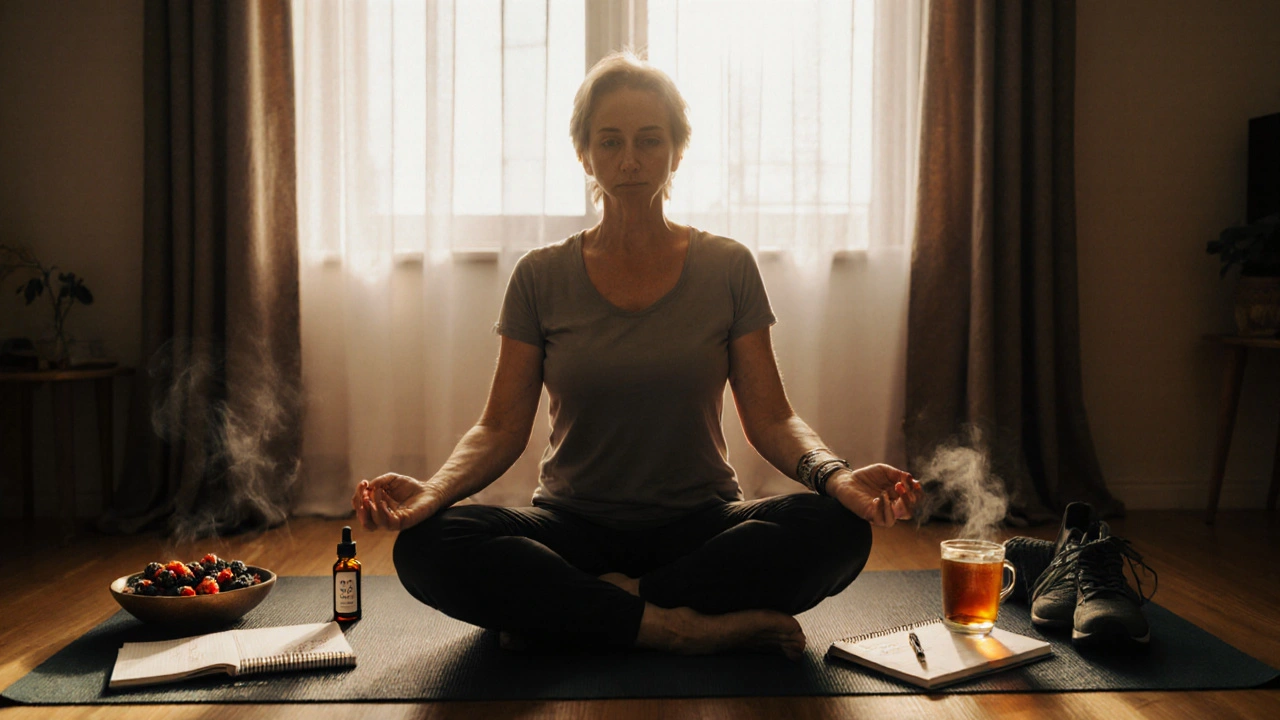 Frau beim Achtsamkeitsatmen auf der Yogamatte bei morgendlichem Licht, CBD-Öl und Tagebuch daneben.