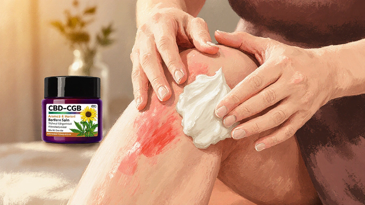 Frau trägt eine CBD-CBG-Creme auf ihr entzündetes Knie auf, mit natürlichen Inhaltsstoffen sichtbar.