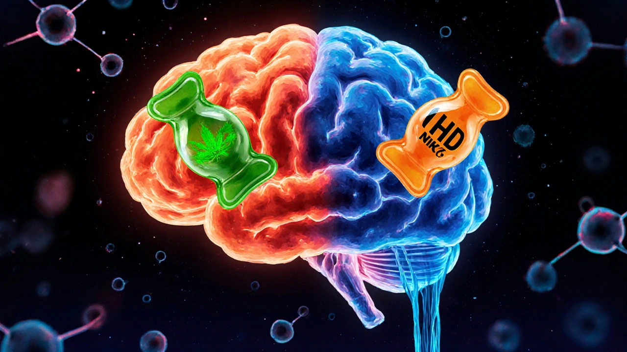 Gehirn mit hellen Nervenbahnen,一侧 von CBD-Gummibärchen beleuchtet, andere Seite von giftigen Chemikalien bedroht